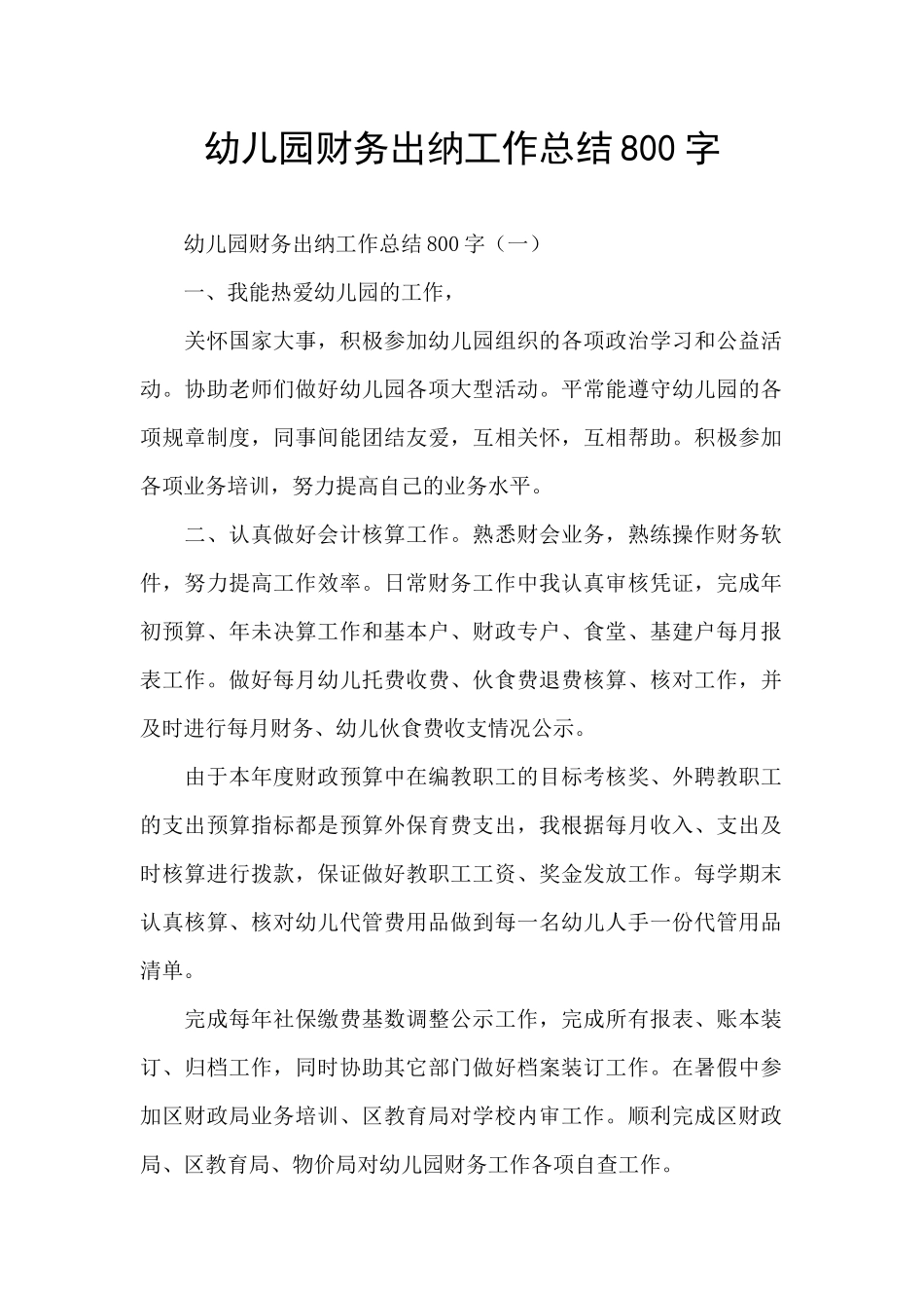 幼儿园财务出纳工作总结800字_第1页