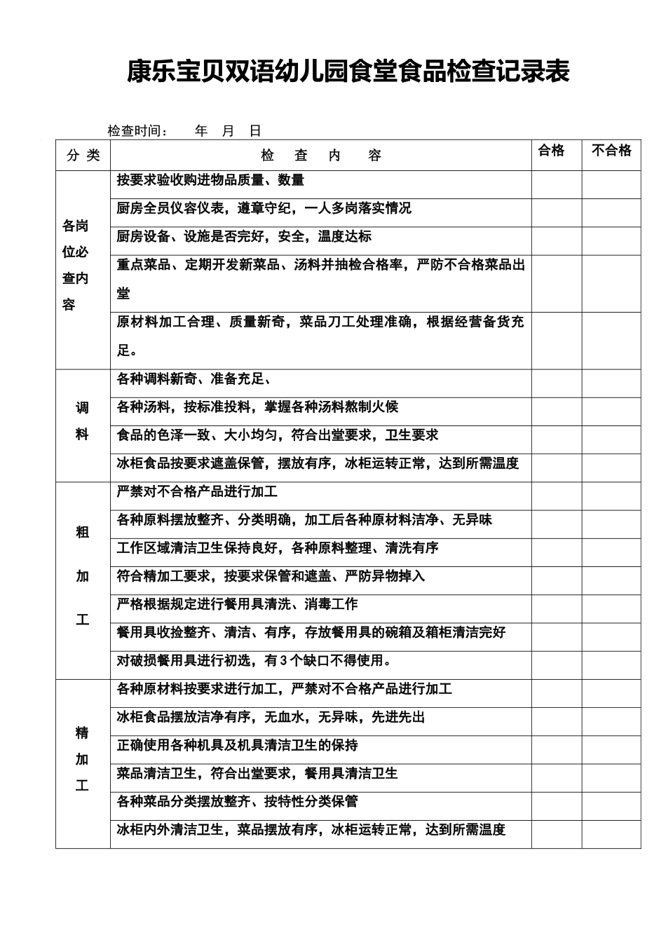 幼儿园食品安全检查记录表_第1页