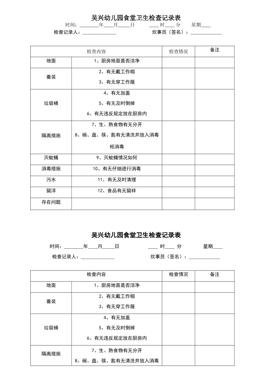 幼儿园食堂卫生检查记录表_第1页
