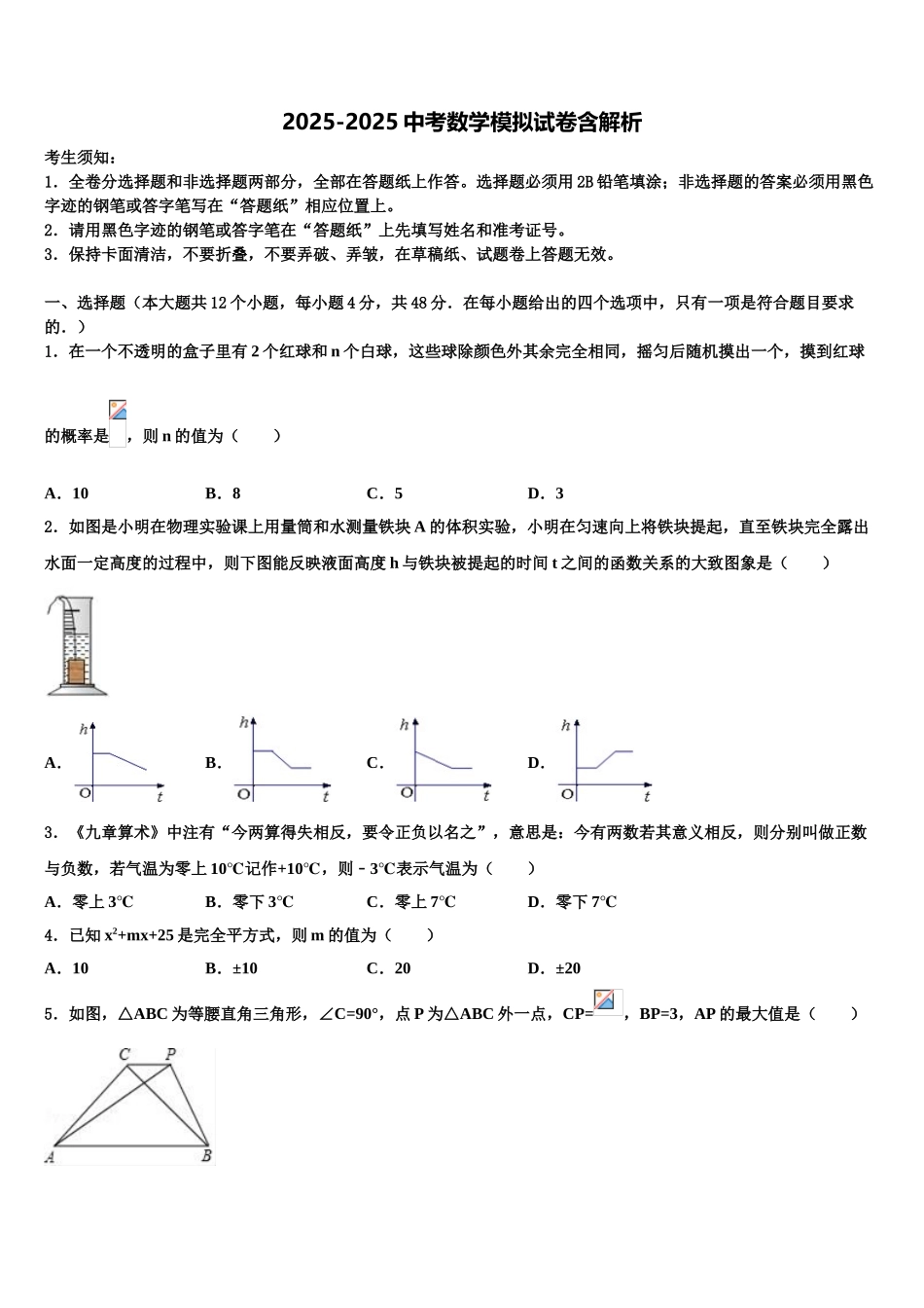 广东沧江中学中考一模数学试题含解析_第1页