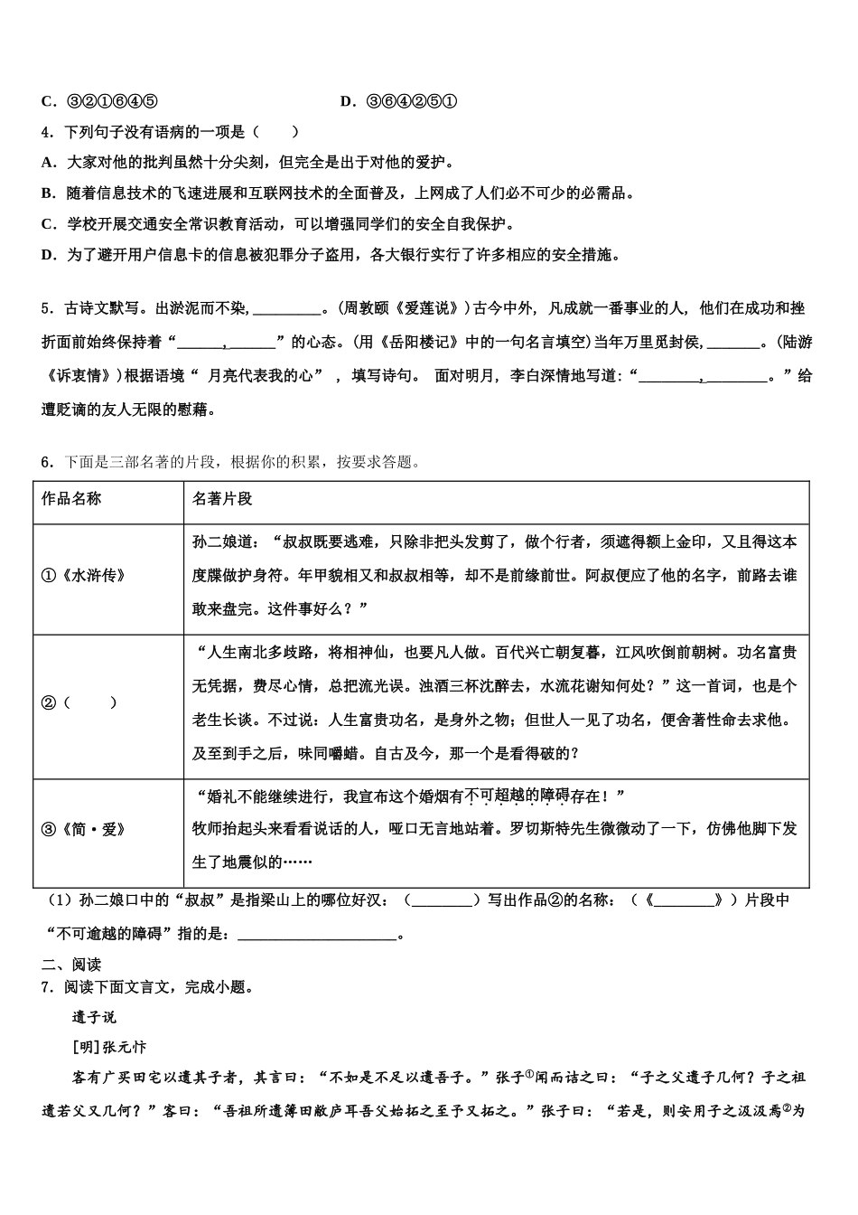 广东省2025年深圳市2025年深圳龙岗区龙岭初级中学中考五模语文试题含解析_第2页