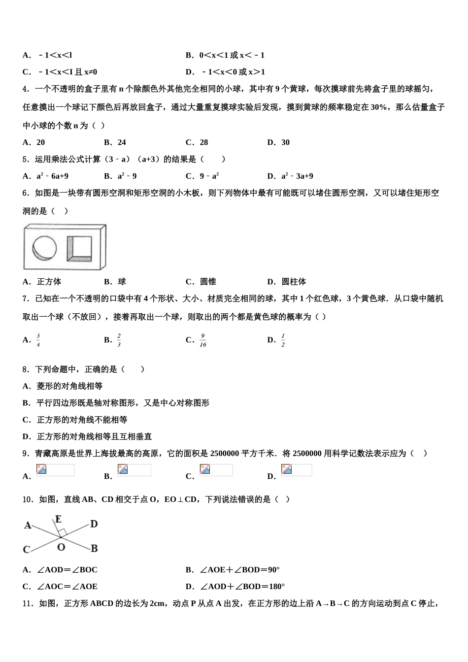广东省东莞市南开实验学校中考一模数学试题含解析_第2页