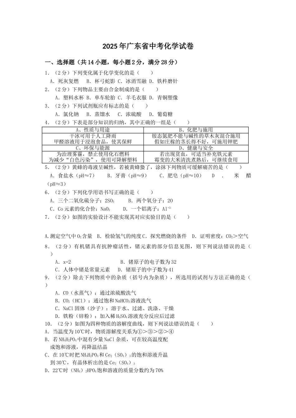 广东省中考化学试卷可直接打印版_第1页