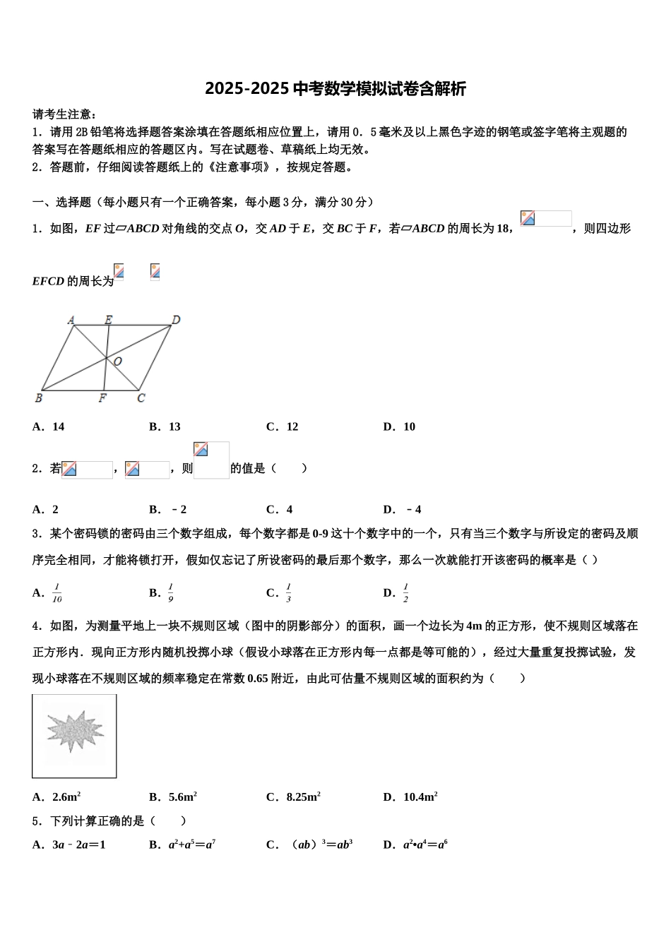广东省广州市东环中学中考一模数学试题含解析_第1页