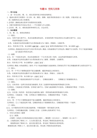 高二数学上学期期末复习备考讲练 专题01 空间几何体导学案 文-人教版高二全册数学学案