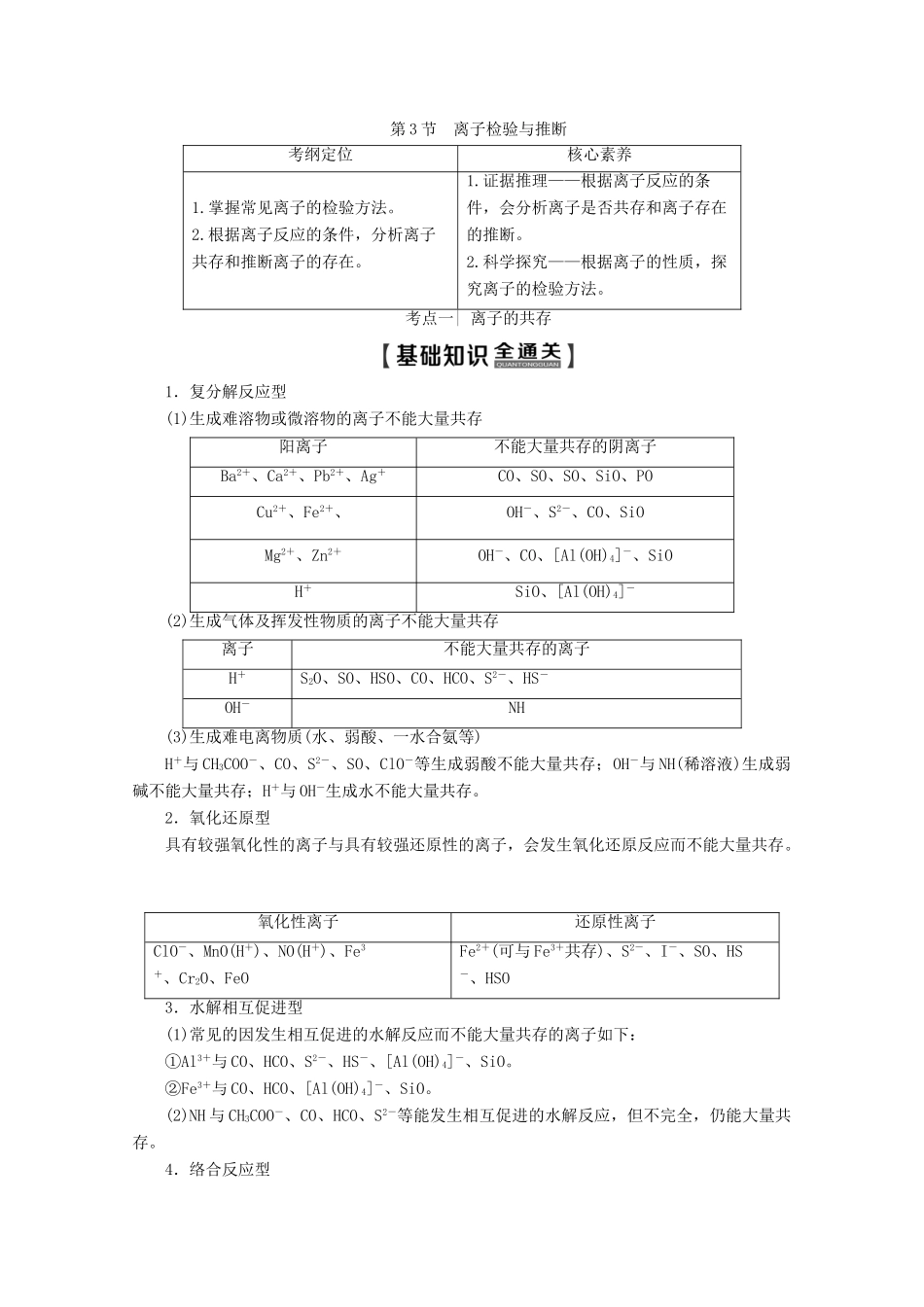 高考化学一轮复习 第1部分 第2章 第3节 离子检验与推断教学案 鲁科版-鲁科版高三全册化学教学案_第1页