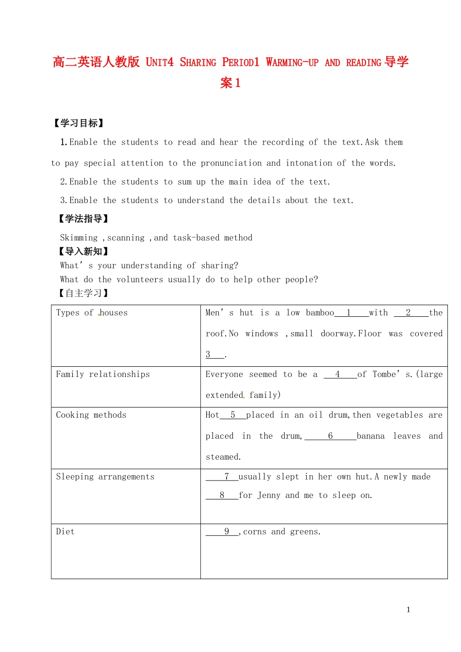 高二英语 Unit4 Sharing Period1 Warming-up and reading导学案1 新人教版_第1页