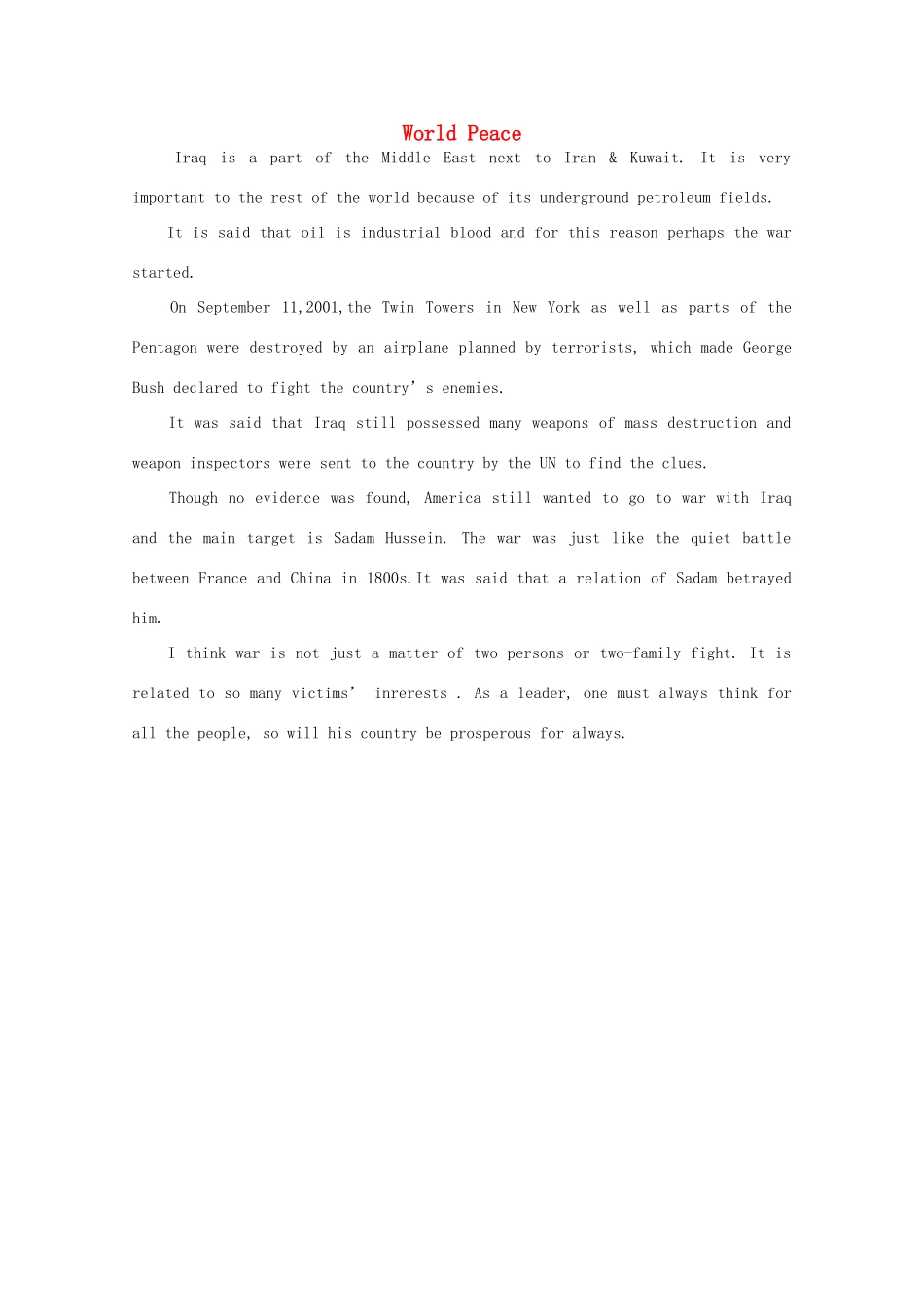 高二英语 作文精彩范文200字 World Peace_第1页