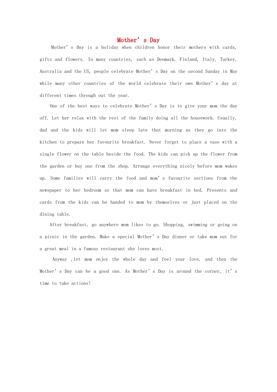 高二英语 作文精彩范文250字 Mother’s Day_第1页