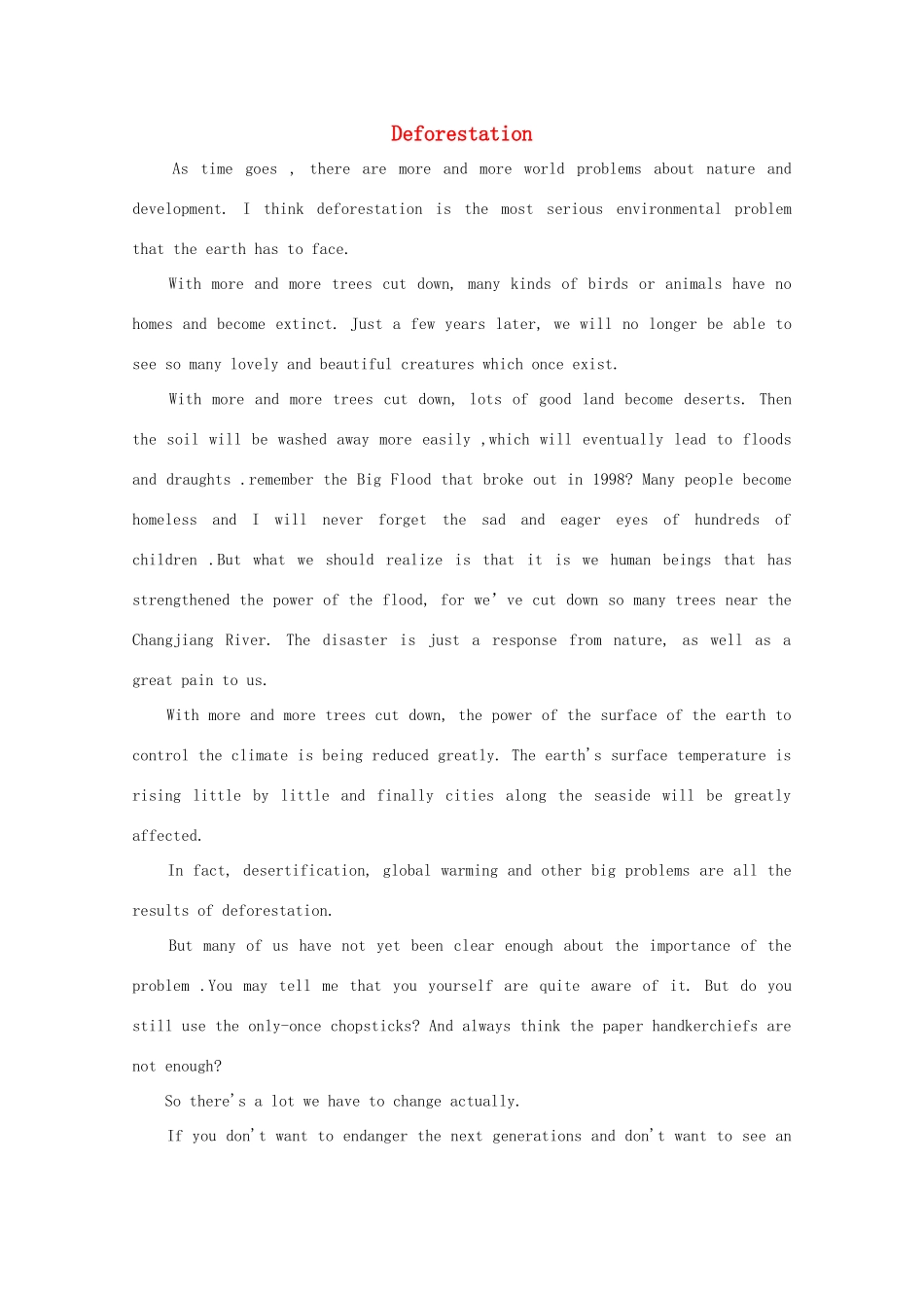 高二英语 作文精彩范文400字 Deforestation_第1页