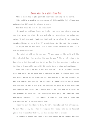 高二英语 作文精彩范文500字 Every day is a gift from God