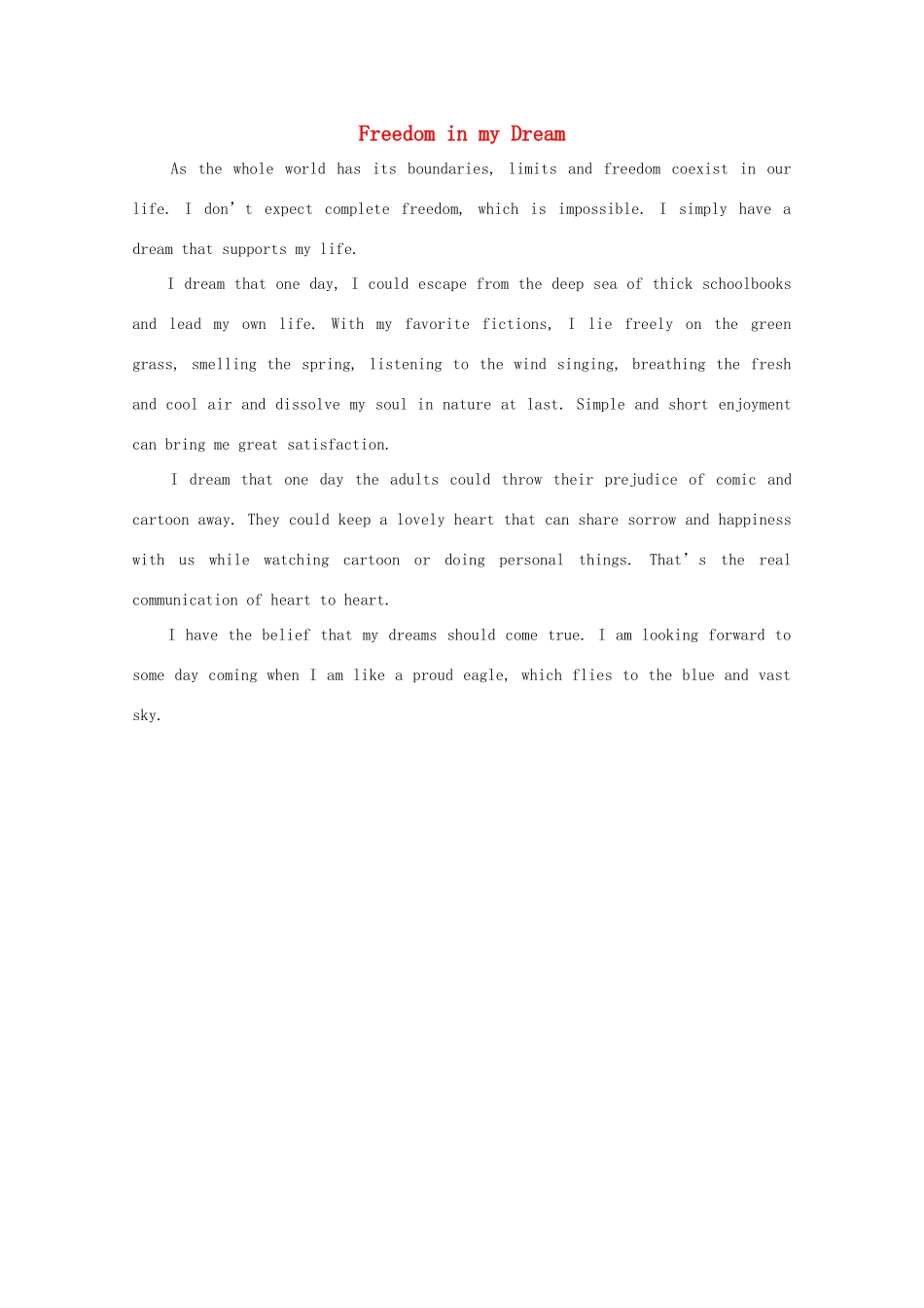 高二英语 作文精彩范文精选150字 Freedom in my Dream_第1页