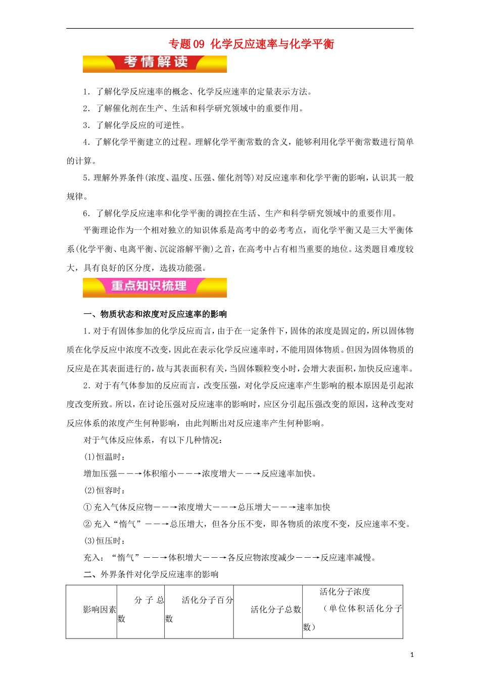 高考化学二轮复习 专题09 化学反应速率与化学平衡教学案（含解析）-人教版高三全册化学教学案_第1页