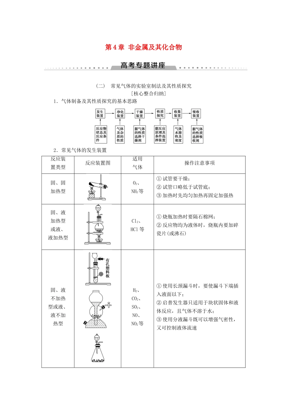 高考化学一轮复习 第4章 非金属及其化合物 高考专题讲座2 常见气体的实验室制法及其性质探究教学案 新人教版-新人教版高三全册化学教学案_第1页