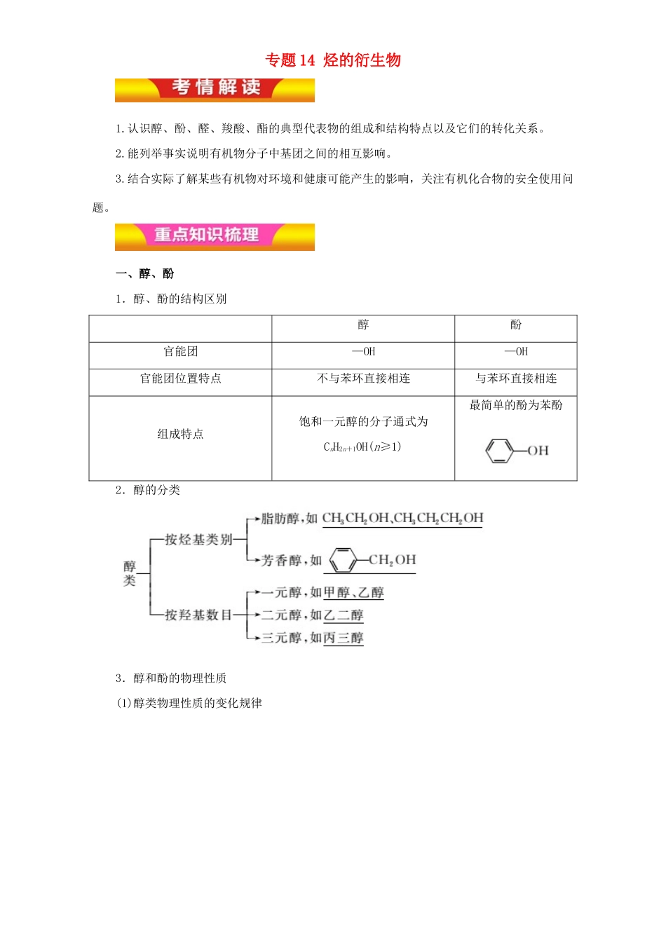 高考化学二轮复习 专题14 烃的衍生物教学案（含解析）-人教版高三全册化学教学案_第1页