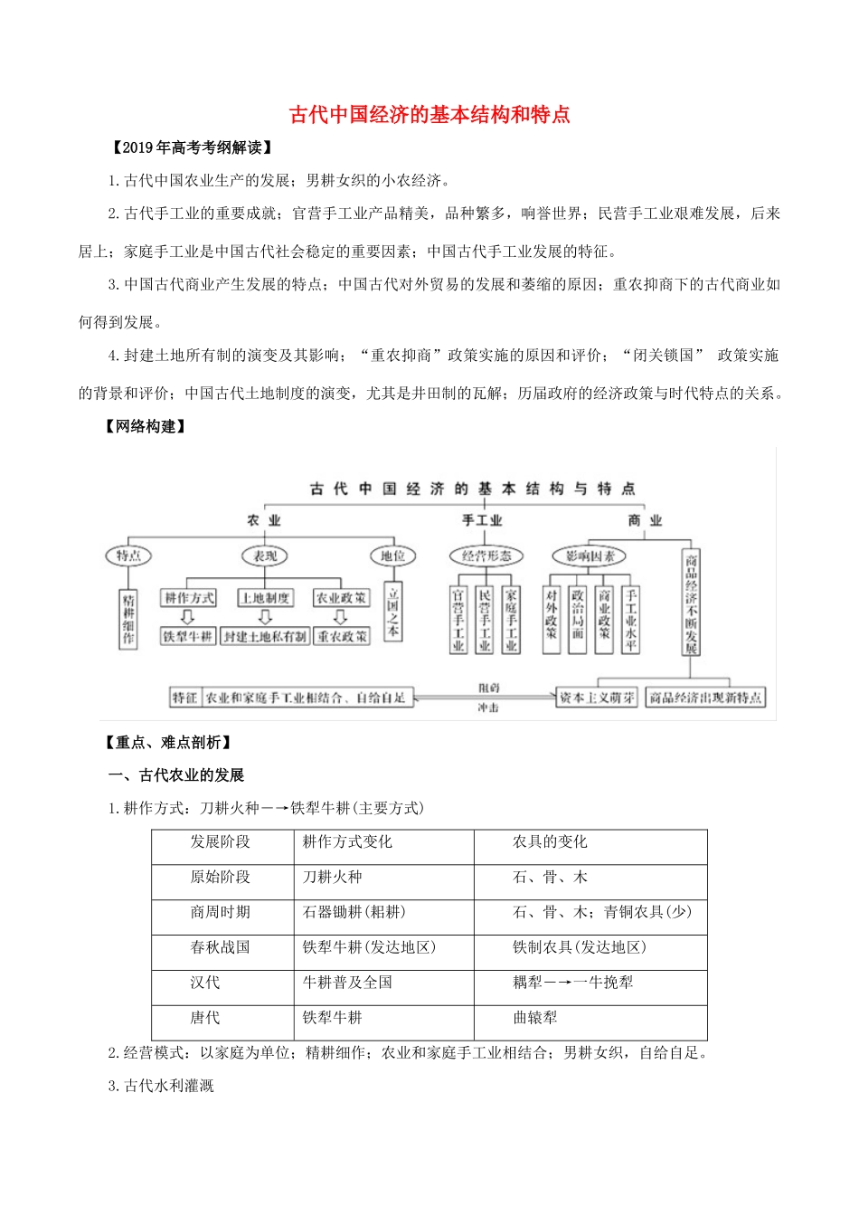 高考历史 考纲解读与热点难点突破 专题02 古代中国经济的基本结构和特点教学案（含解析）-人教版高三全册历史教学案_第1页