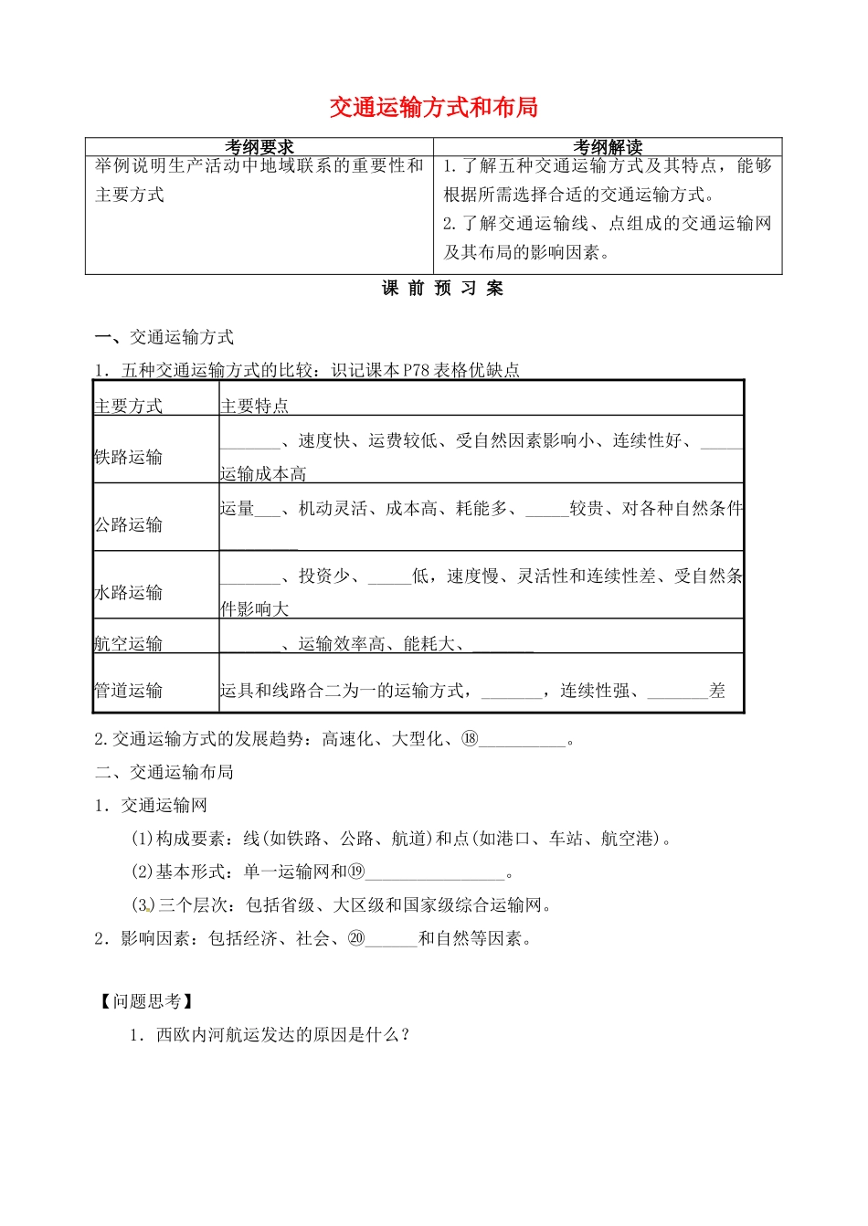 高考地理一轮复习 5.1交通运输方式和布局学案 新人教版必修2-新人教版高三必修2地理学案_第1页