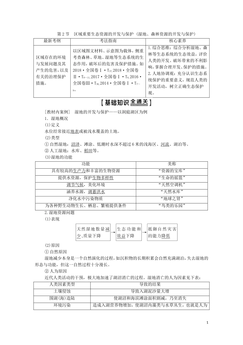 高考地理一轮复习 第3部分 第10章 区域可持续发展 第2节 区域重要生态资源的开发与保护（湿地、森林资源的开发与保护）教学案（含解析）湘教版-湘教版高三全册地理教学案_第1页