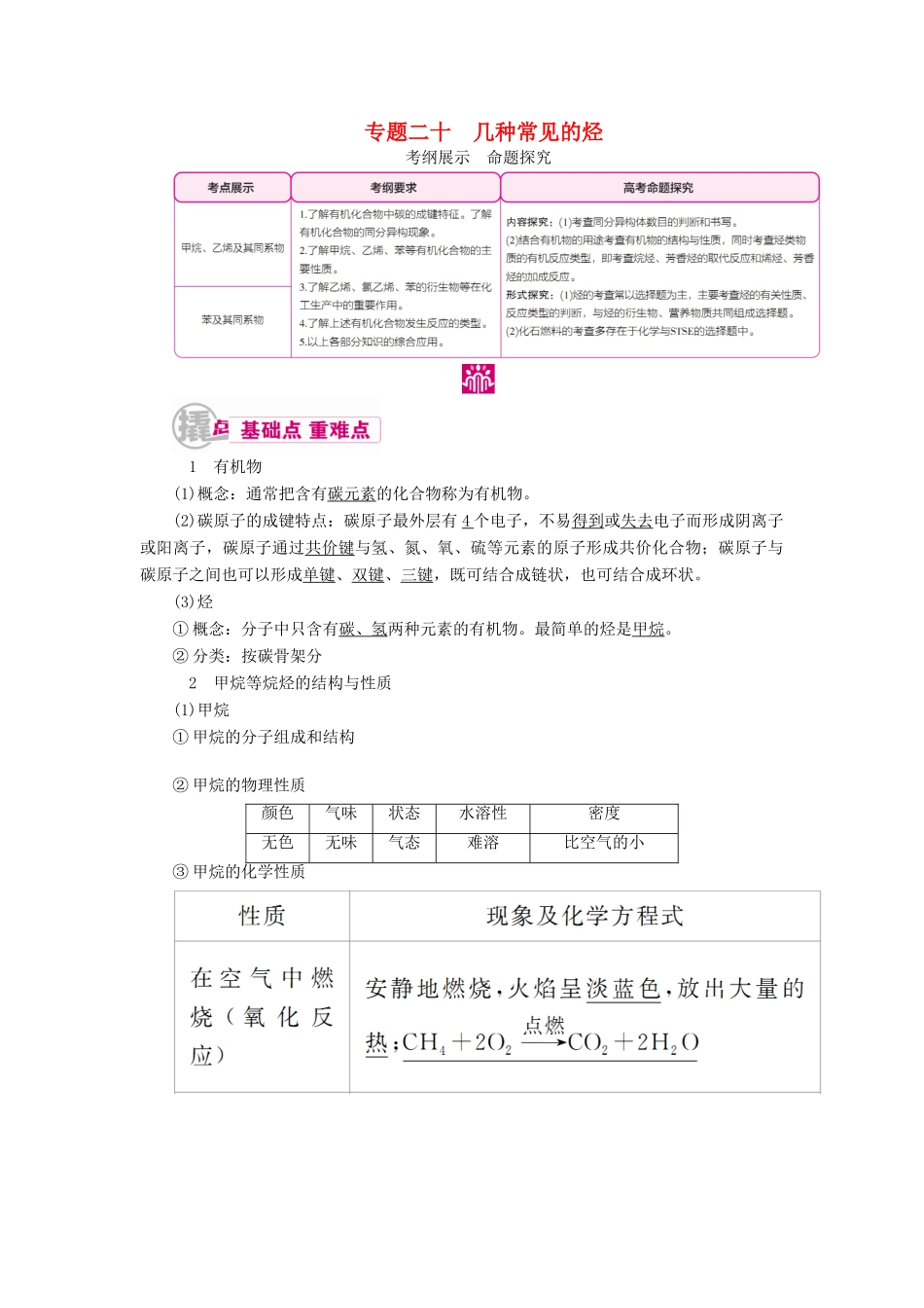 高考化学一轮复习 专题二十 几种常见的烃 考点一 甲烷、乙烯及其同系物教学案-人教版高三全册化学教学案_第1页