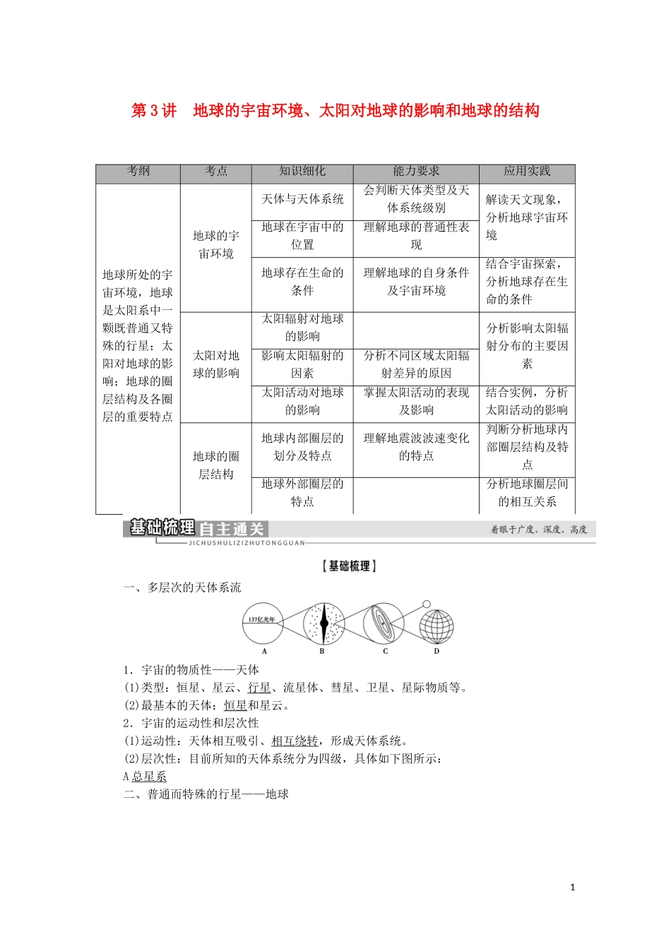 高考地理一轮复习 第1部分 第1章 宇宙中的地球（含地球和地图） 第3讲 地球的宇宙环境、太阳对地球的影响和地球的结构教学案 湘教版-湘教版高三全册地理教学案_第1页