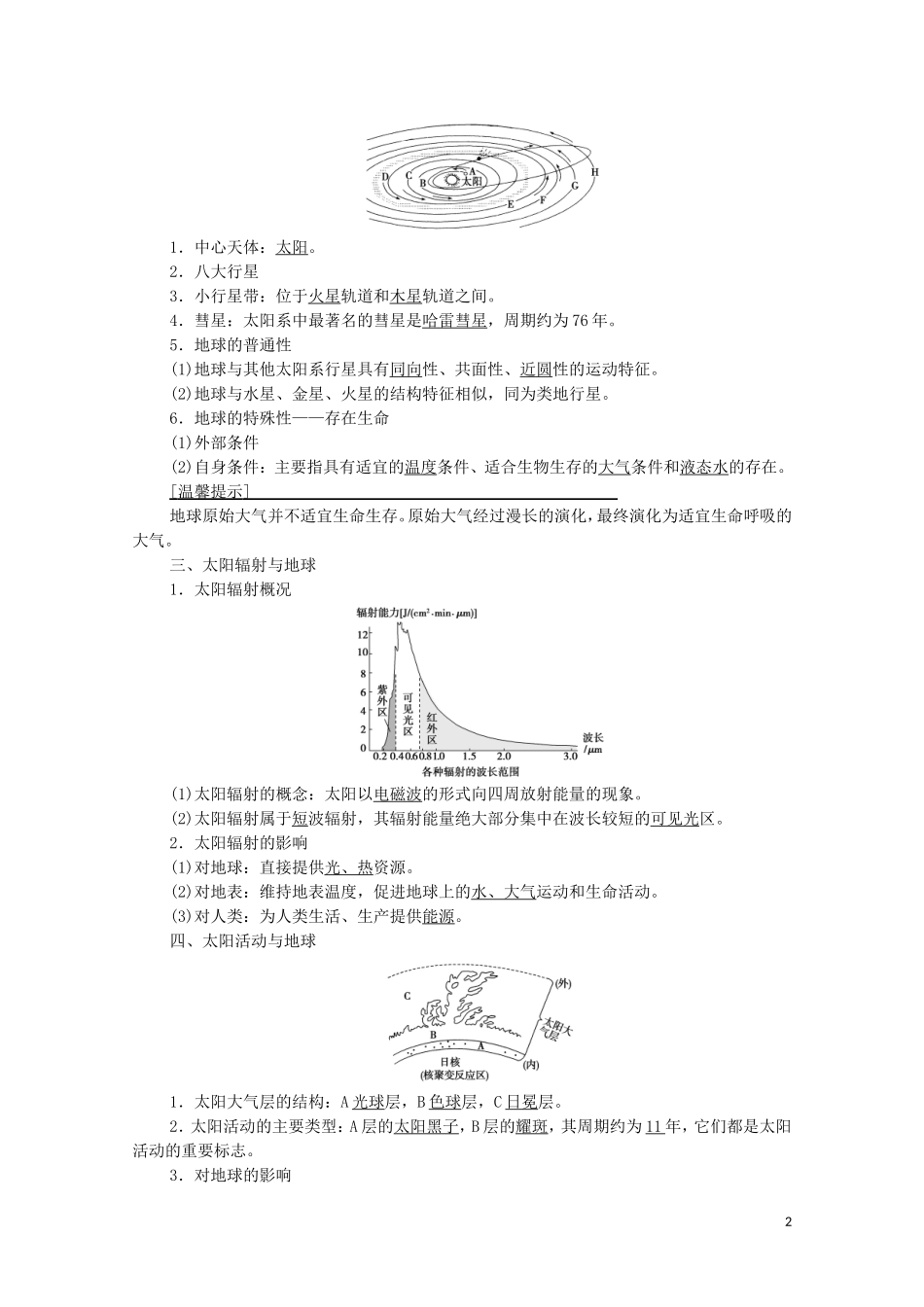 高考地理一轮复习 第1部分 第1章 宇宙中的地球（含地球和地图） 第3讲 地球的宇宙环境、太阳对地球的影响和地球的结构教学案 湘教版-湘教版高三全册地理教学案_第2页