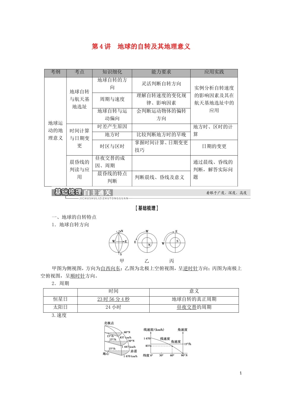 高考地理一轮复习 第1部分 第1章 宇宙中的地球（含地球和地图） 第4讲 地球的自转及其地理意义教学案 湘教版-湘教版高三全册地理教学案_第1页