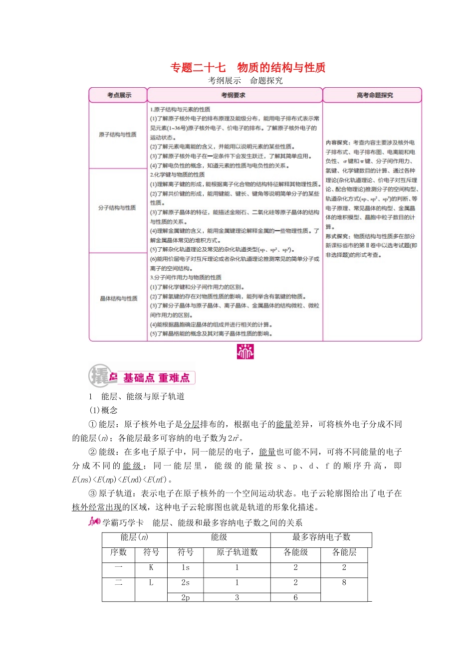 高考化学一轮复习 专题二十七 物质的结构与性质 考点一 原子结构与性质教学案-人教版高三全册化学教学案_第1页