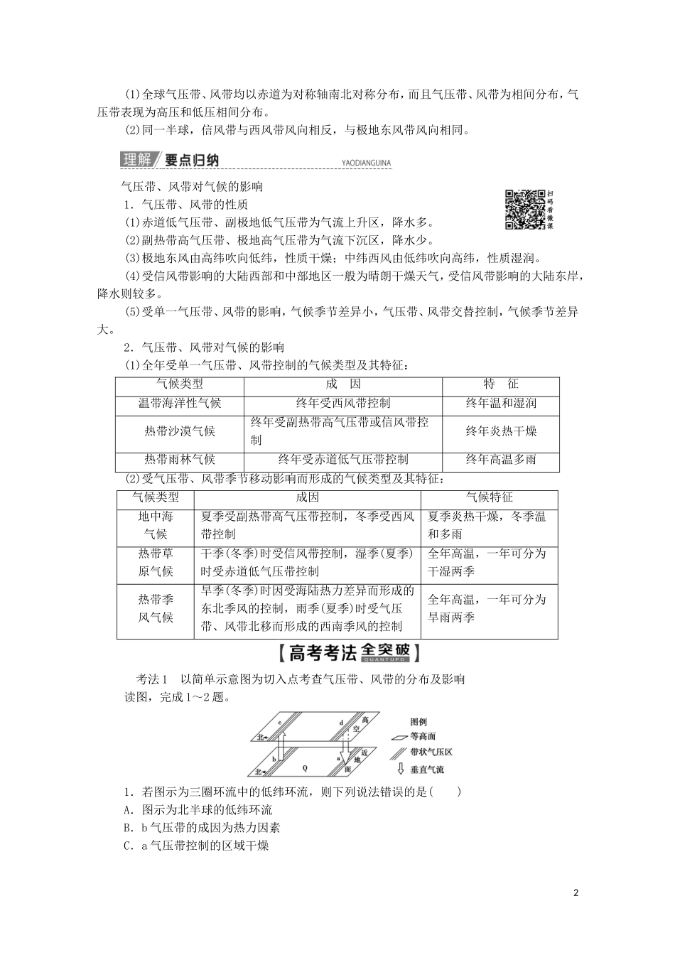 高考地理一轮复习 第1部分 第2单元 从地球圈层看地理环境 第3节 气压带和风带教学案（含解析）鲁教版-鲁教版高三全册地理教学案_第2页