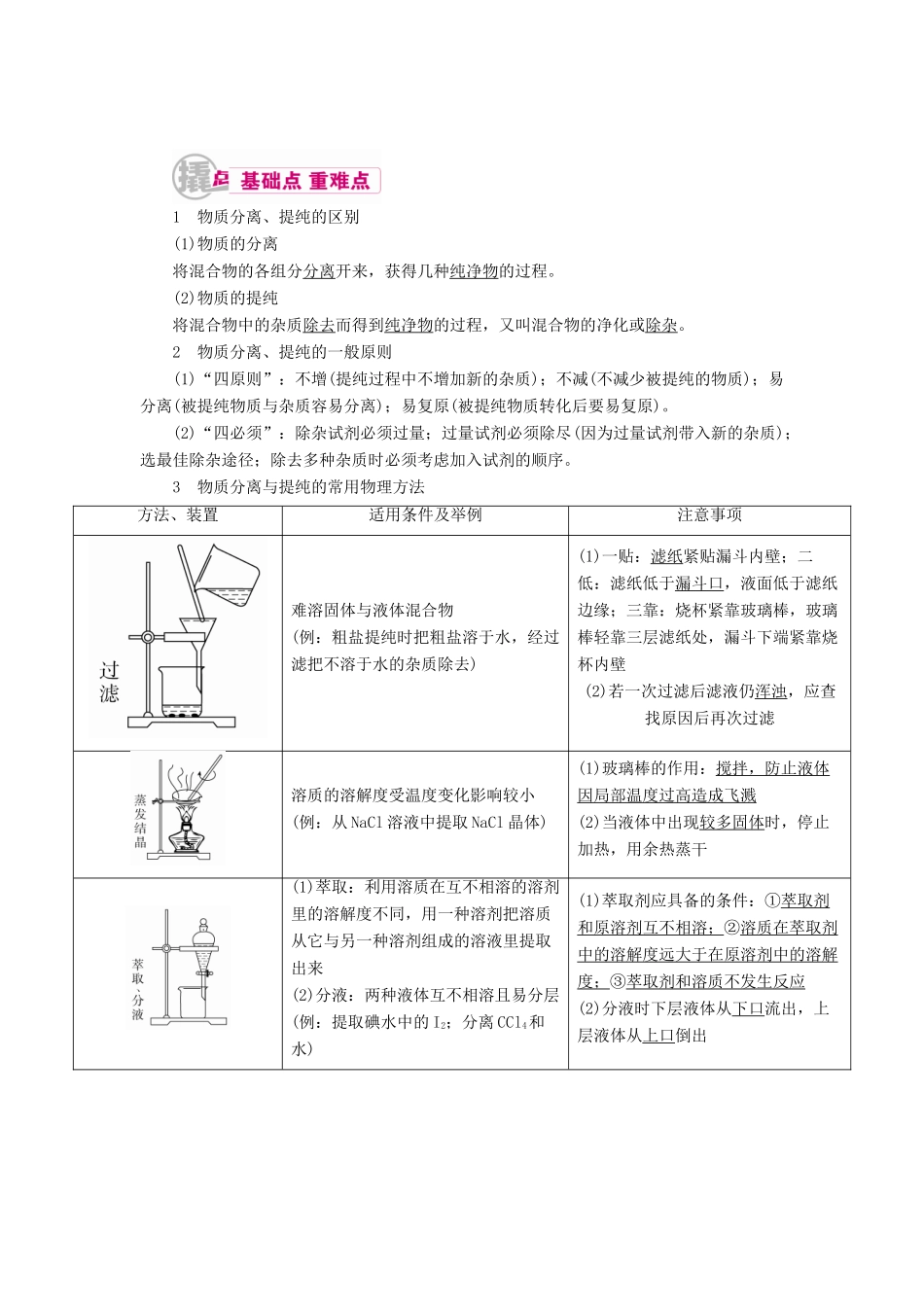高考化学一轮复习 专题二十四 物质的检验、分离和提纯 考点二 物质的分离和提纯教学案-人教版高三全册化学教学案_第1页