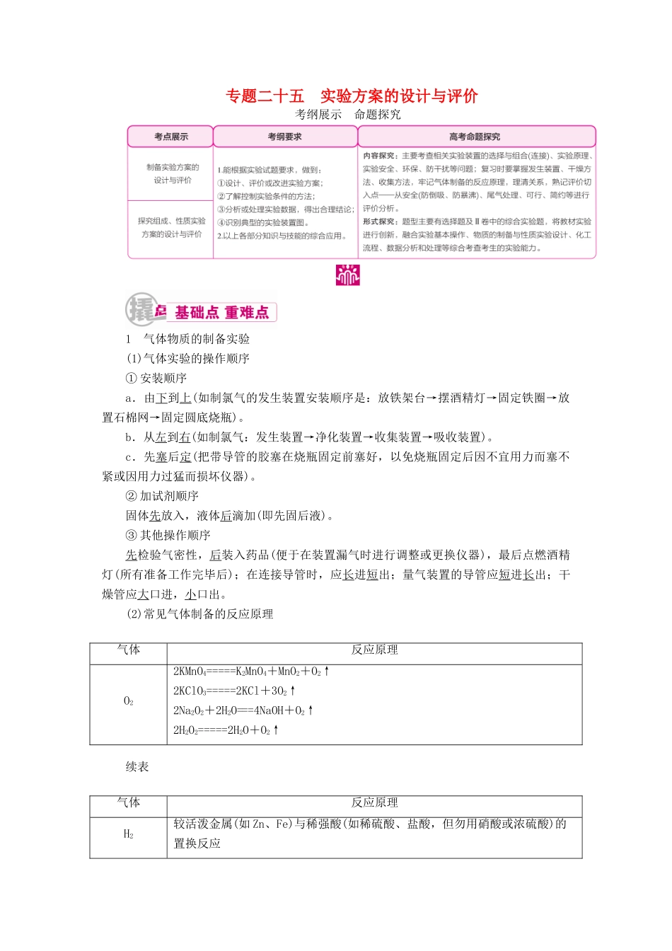 高考化学一轮复习 专题二十五 实验方案的设计与评价 考点一 制备实验方案的设计与评价教学案-人教版高三全册化学教学案_第1页