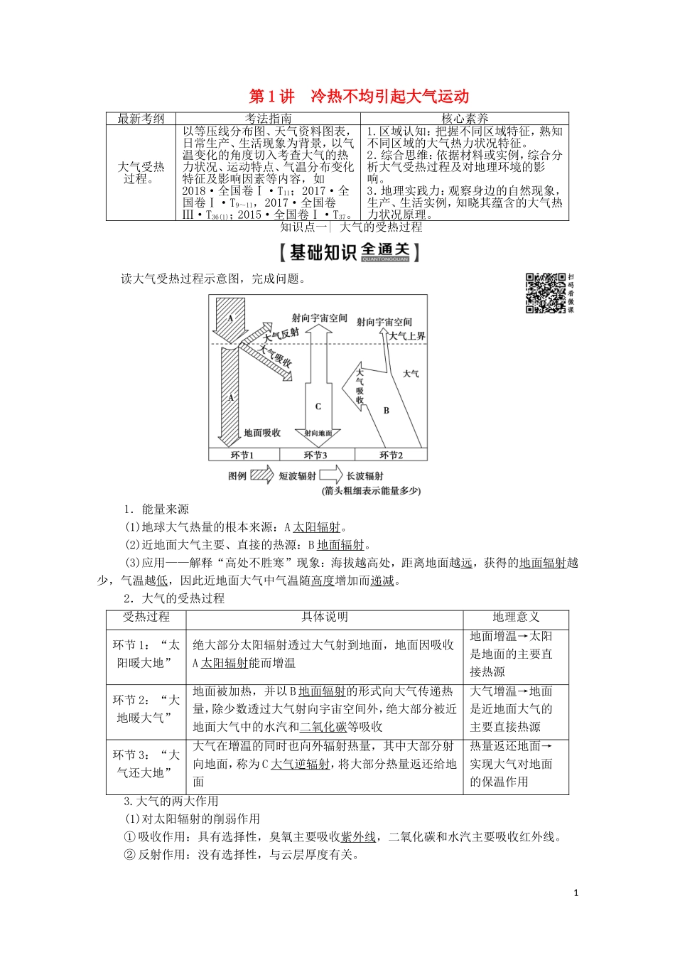 高考地理一轮复习 第1部分 第2章 地球上的大气 第1讲 冷热不均引起大气运动教学案（含解析）新人教版-新人教版高三全册地理教学案_第1页
