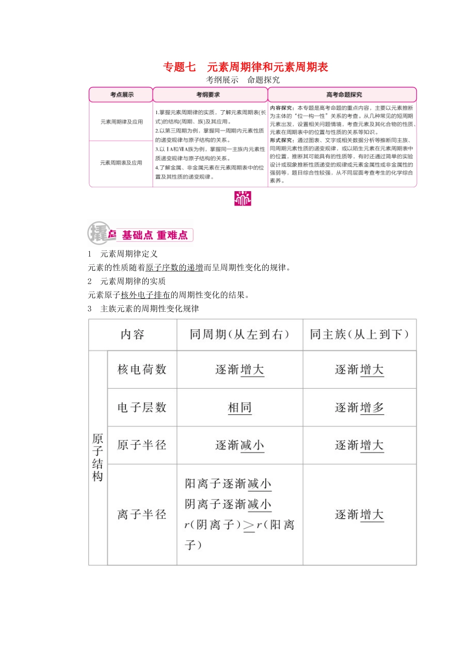 高考化学一轮复习 专题七 元素周期律和元素周期表 考点一 元素周期律及应用教学案-人教版高三全册化学教学案_第1页