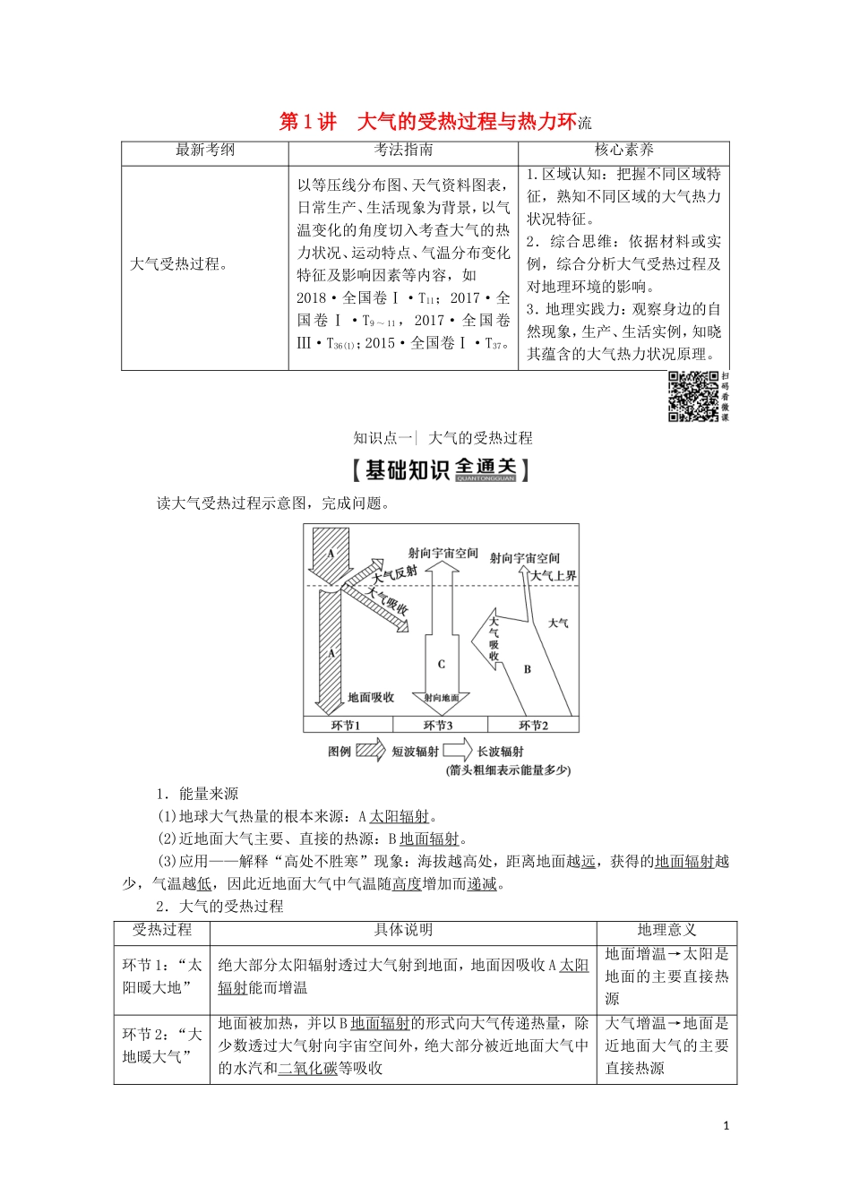 高考地理一轮复习 第1部分 第2章 自然地理环境中的物质运动和能量交换 第1讲 大气的受热过程与热力环流教学案（含解析）中图版-中图版高三全册地理教学案_第1页
