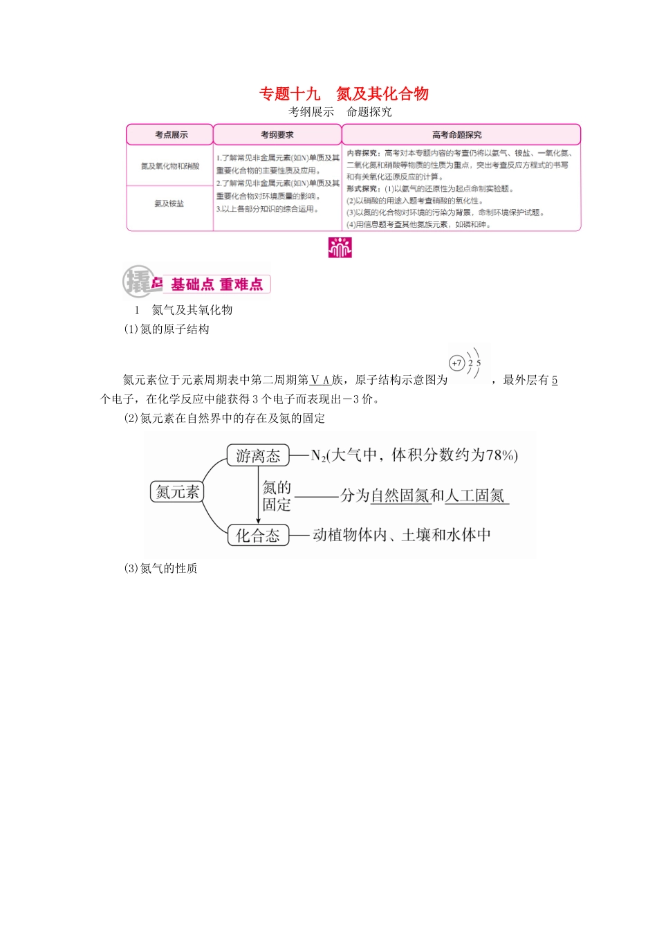 高考化学一轮复习 专题十九 氮及其化合物 考点一 氮及氧化物和硝酸教学案-人教版高三全册化学教学案_第1页
