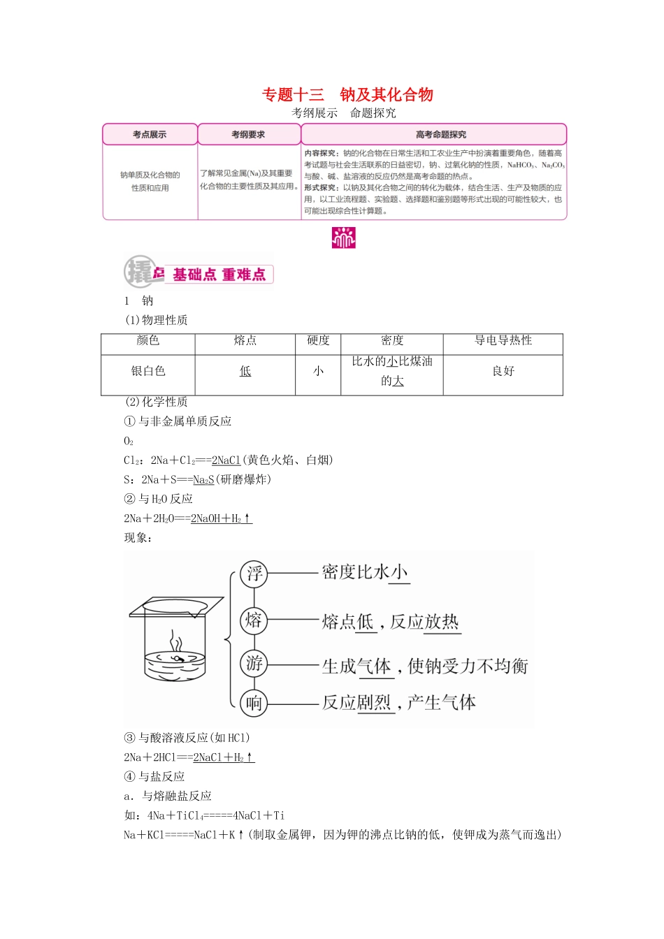 高考化学一轮复习 专题十三 钠及其化合物教学案-人教版高三全册化学教学案_第1页