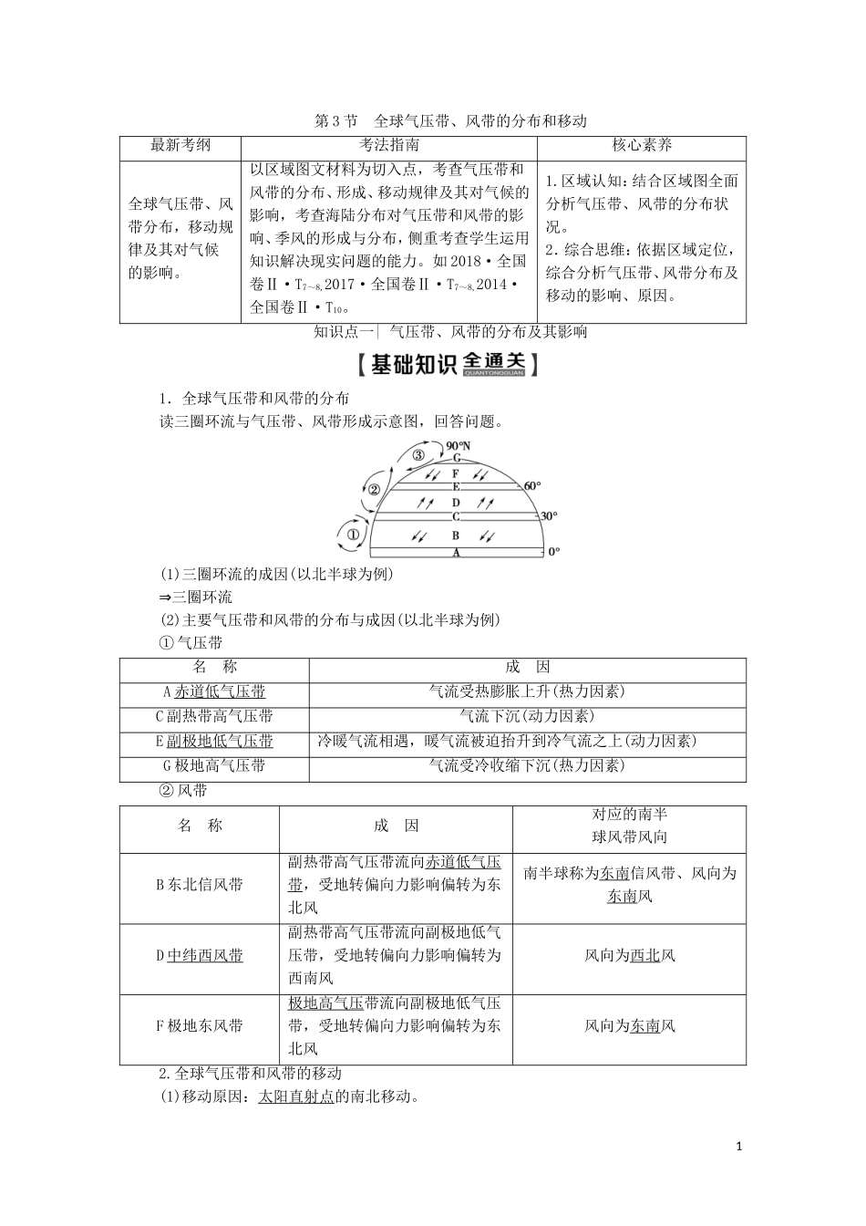 高考地理一轮复习 第1部分 第2章 自然环境中的物质运动和能量交换 第3节 全球气压带、风带的分布和移动教学案（含解析）湘教版-湘教版高三全册地理教学案_第1页