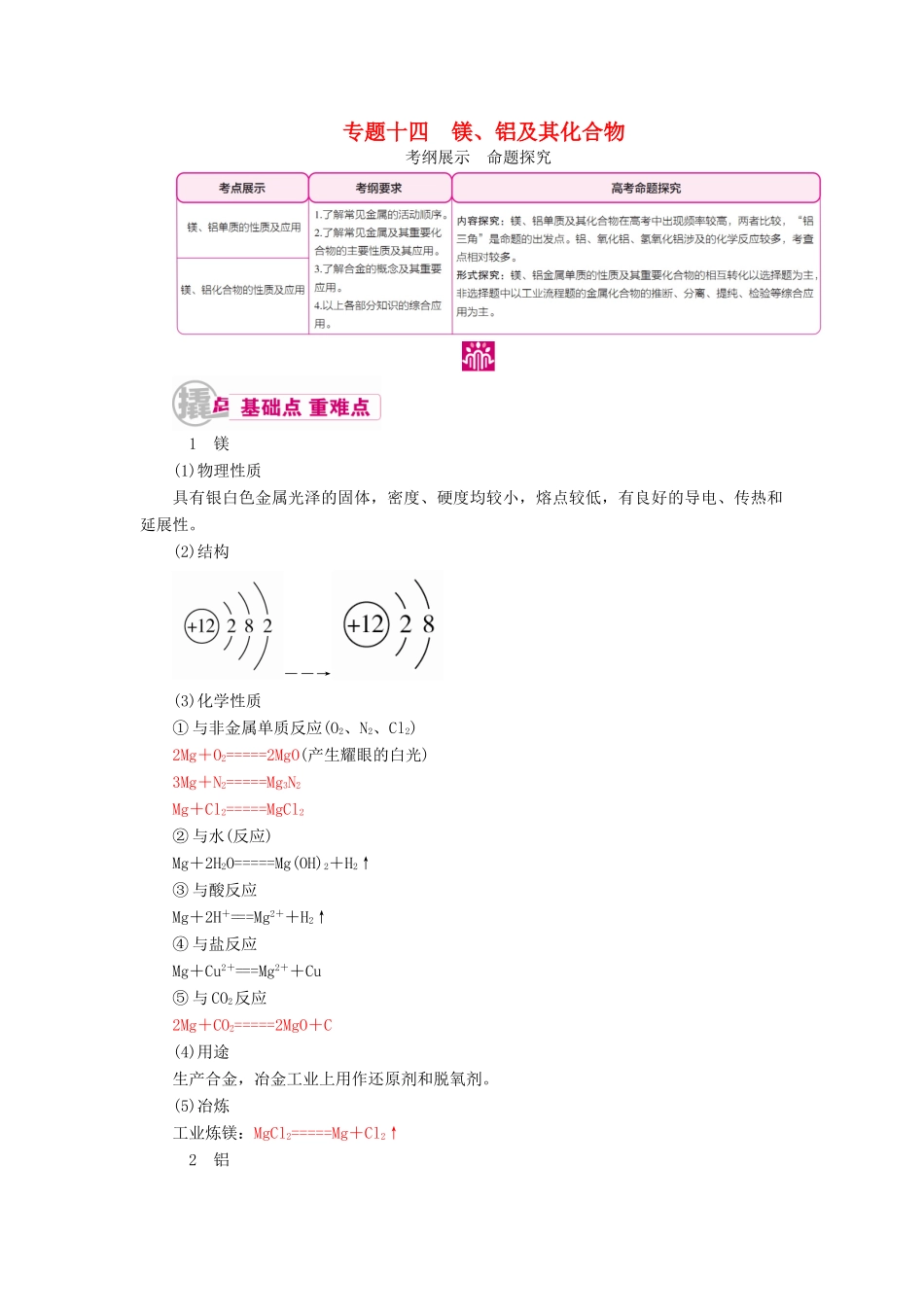 高考化学一轮复习 专题十四 镁、铝及其化合物 考点一 镁、铝单质的性质及应用教学案-人教版高三全册化学教学案_第1页