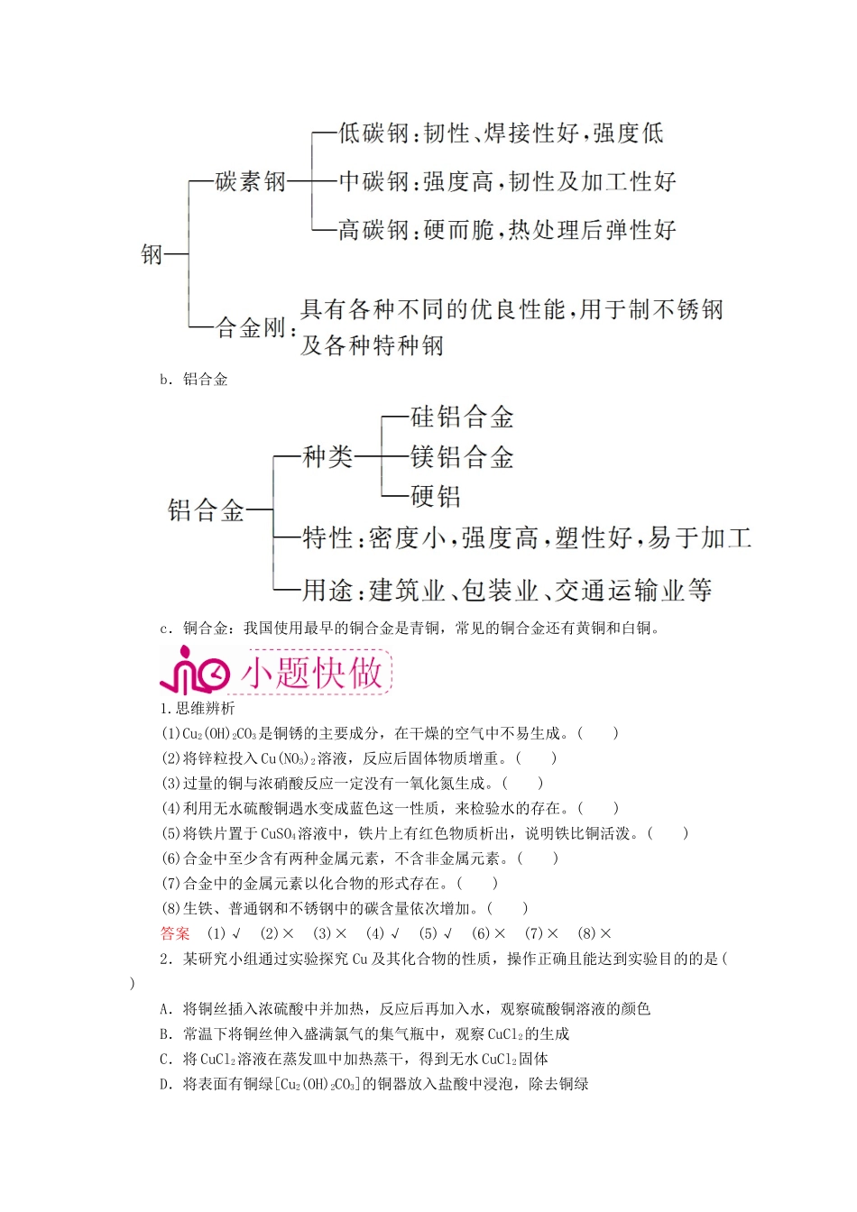 高考化学一轮复习 专题十五 铁、铜及其化合物　金属资源 考点二 铜及其化合物 金属材料教学案-人教版高三全册化学教学案_第3页