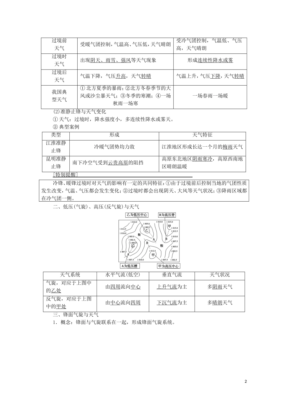 高考地理一轮复习 第1部分 第2章 自然环境中的物质运动和能量交换 第4讲 常见的天气系统教学案 湘教版-湘教版高三全册地理教学案_第2页