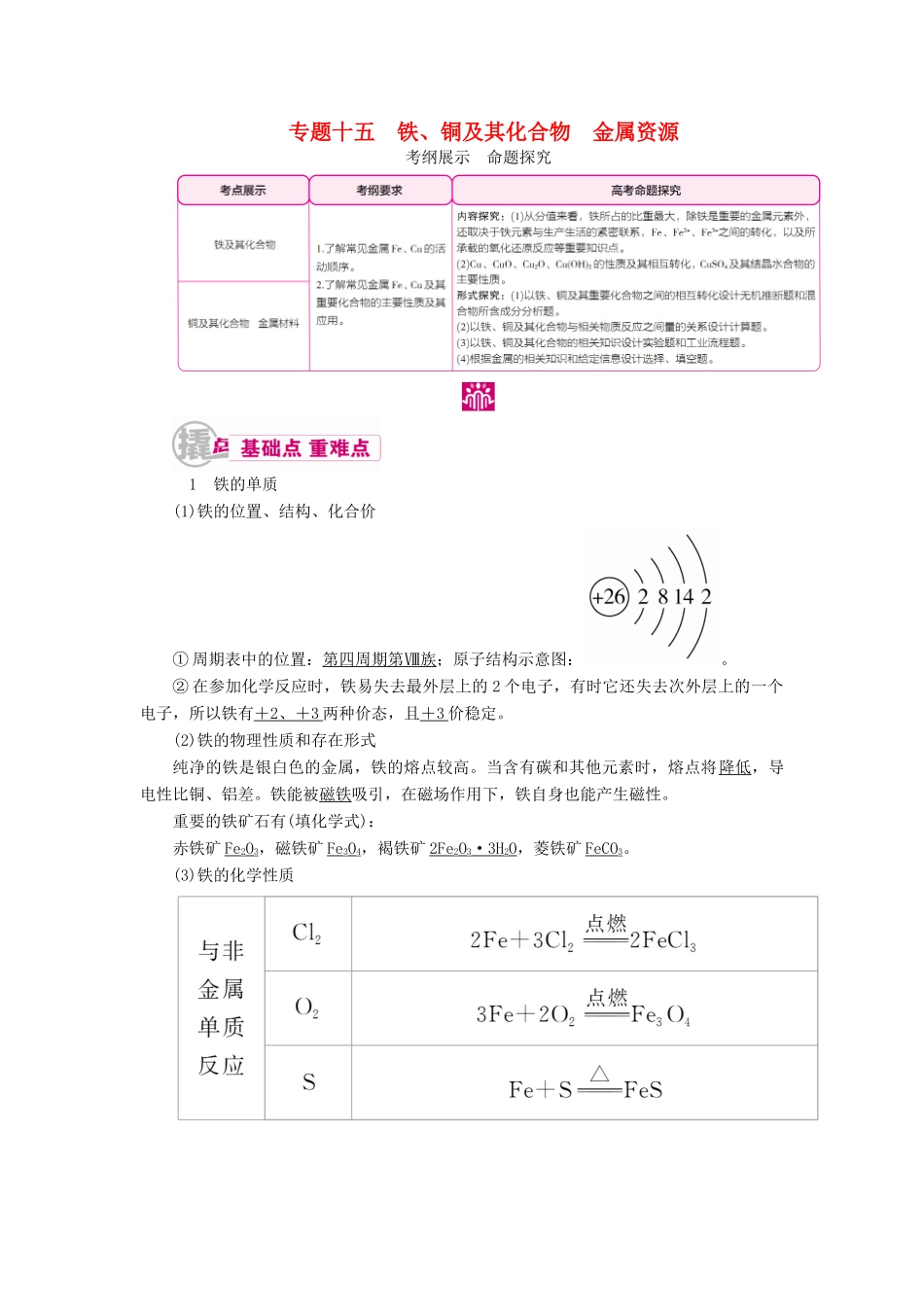 高考化学一轮复习 专题十五 铁、铜及其化合物　金属资源 考点一 铁及其化合物教学案-人教版高三全册化学教学案_第1页