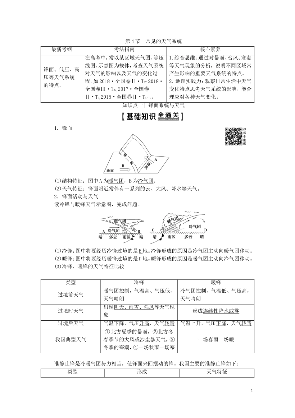 高考地理一轮复习 第1部分 第2章 自然环境中的物质运动和能量交换 第4节 常见的天气系统教学案（含解析）湘教版-湘教版高三全册地理教学案_第1页
