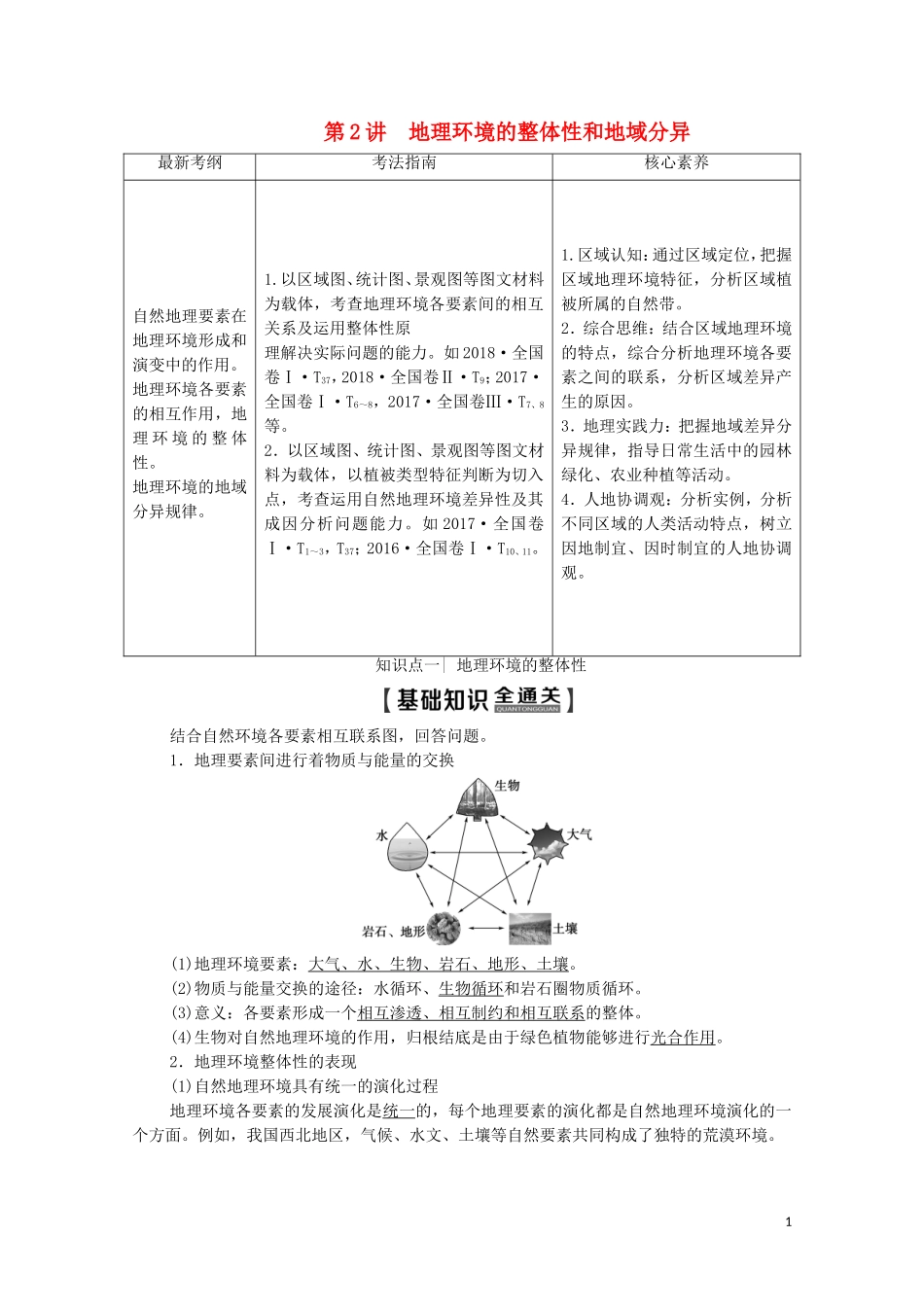 高考地理一轮复习 第1部分 第3章 地理环境的整体性和区域差异 第2讲 地理环境的整体性和地域分异教学案（含解析）中图版-中图版高三全册地理教学案_第1页