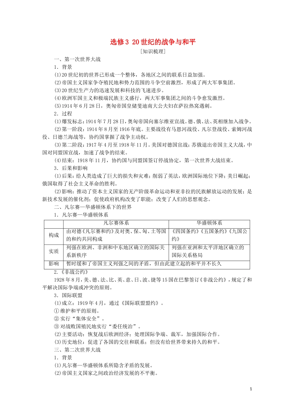 高考历史一轮复习 选修模块 选修3 20世纪的战争与和平教学案 新人教版-新人教版高三选修3历史教学案_第1页