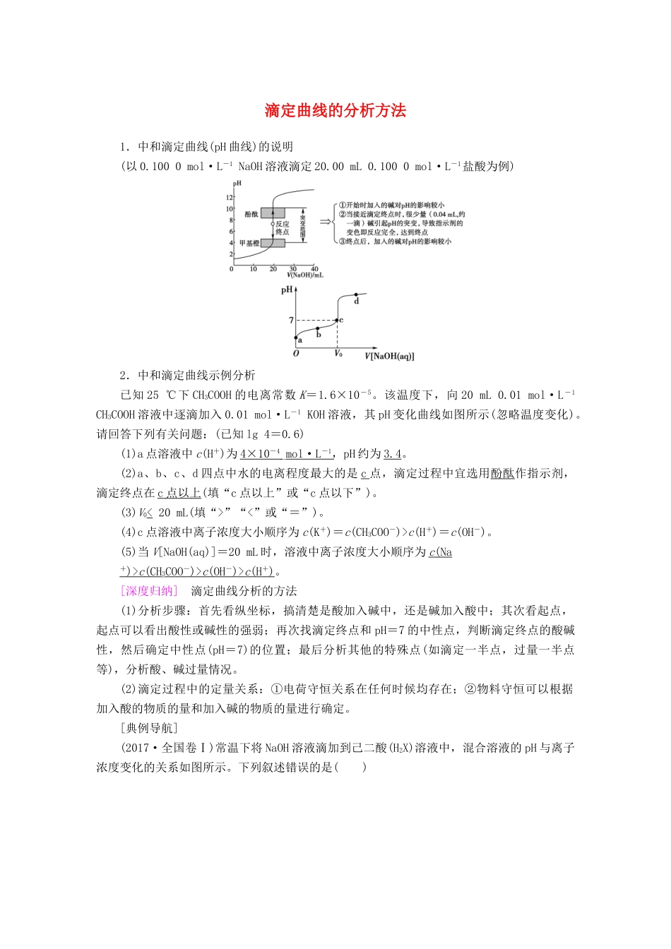 高考化学一轮复习 专项突破21 滴定曲线的分析方法教学案 鲁科版-鲁科版高三全册化学教学案_第1页