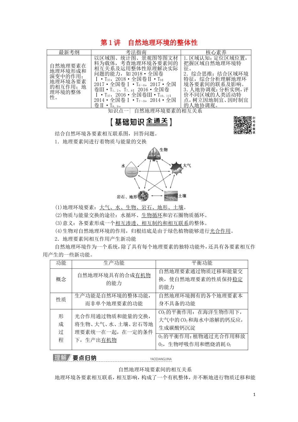 高考地理一轮复习 第1部分 第5章 自然地理环境的整体性与差异性 第1讲 自然地理环境的整体性教学案（含解析）新人教版-新人教版高三全册地理教学案_第1页