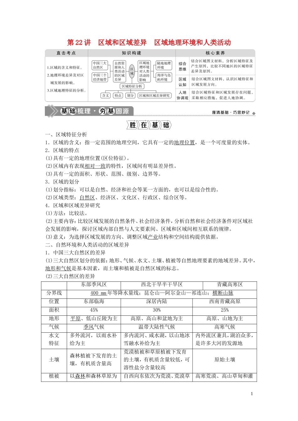 高考地理一轮复习 第九章 区域地理环境和人类活动 第22讲 区域和区域差异 区域地理环境和人类活动教学案 中图版-中图版高三全册地理教学案_第1页