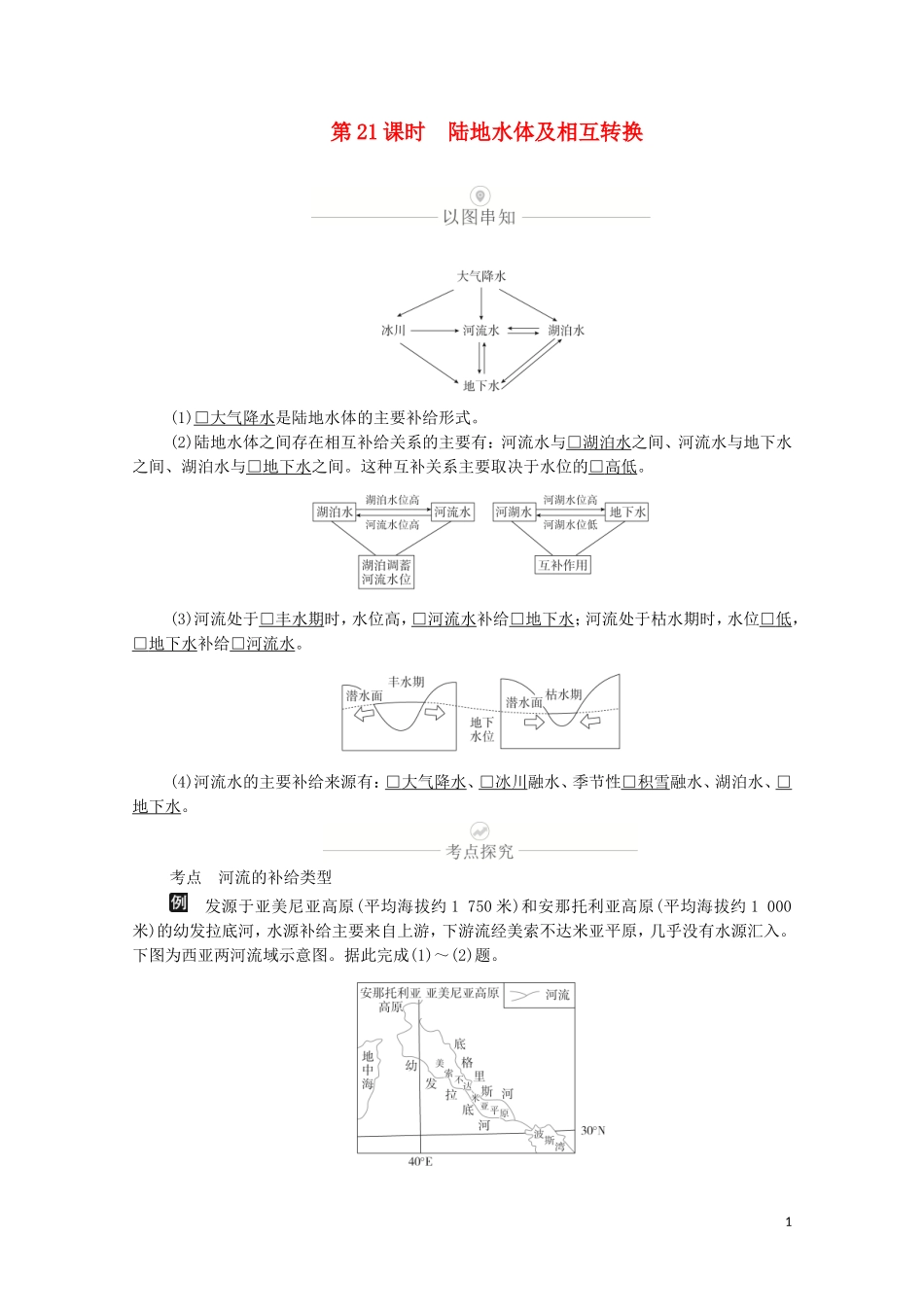 高考地理一轮复习 第七讲 水循环与洋流 第21课时 陆地水体及相互转换教学案（含解析）-人教版高三全册地理教学案_第1页