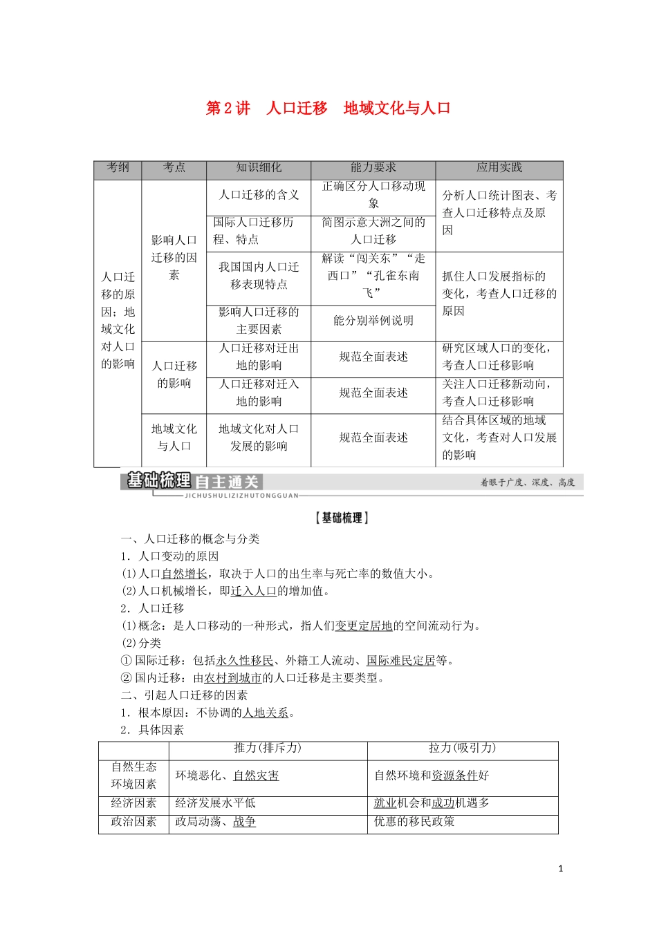高考地理一轮复习 第2部分 第5章 人口与环境 第2讲 人口迁移 地域文化与人口教学案 湘教版-湘教版高三全册地理教学案_第1页