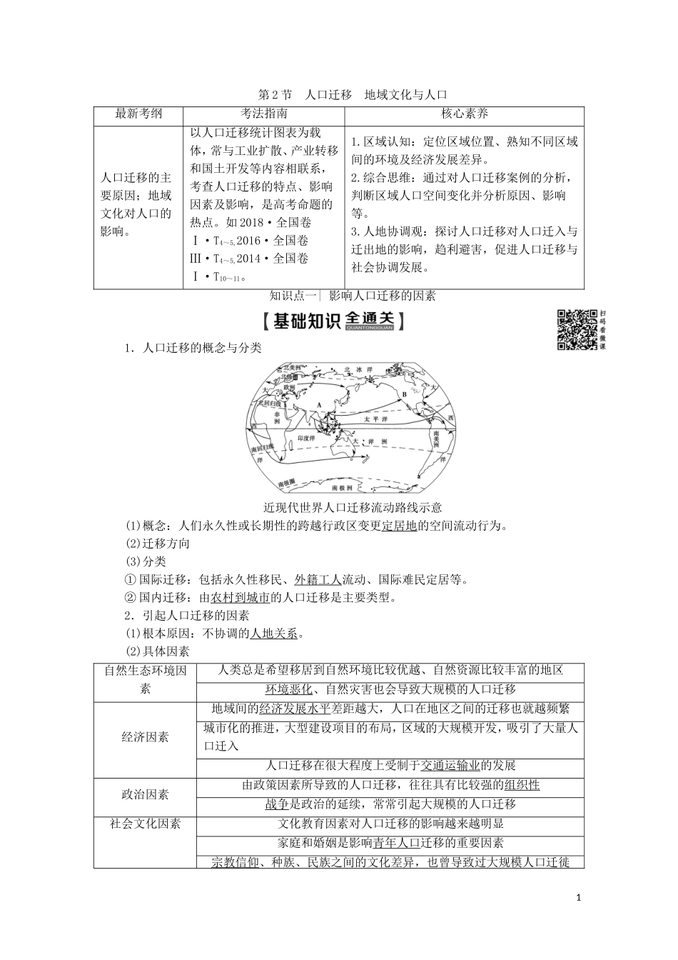 高考地理一轮复习 第2部分 第5章 人口与环境 第2节 人口迁移 地域文化与人口教学案（含解析）湘教版-湘教版高三全册地理教学案_第1页
