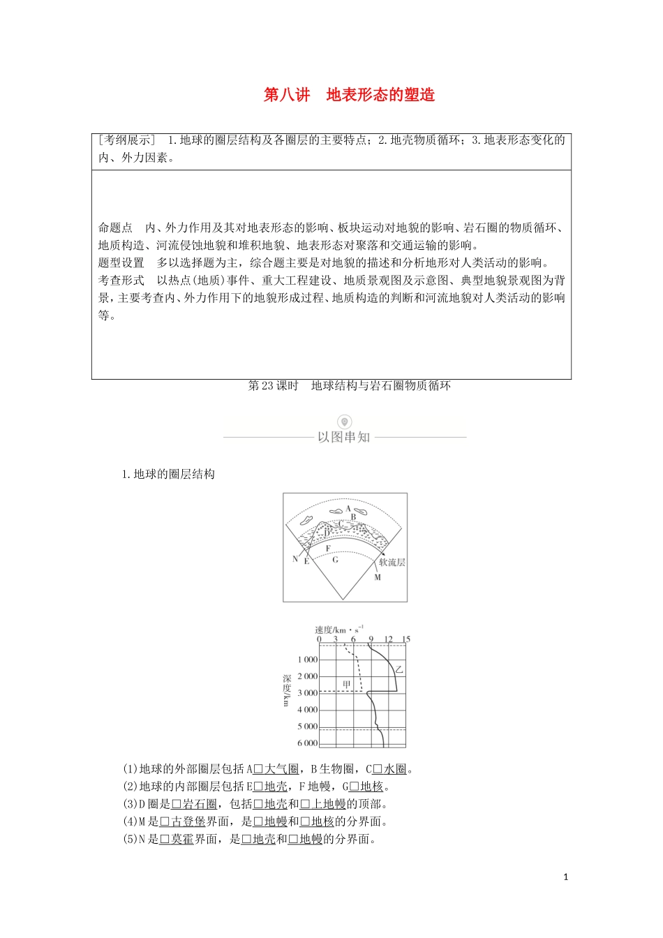 高考地理一轮复习 第八讲 地表形态的塑造 第23课时 地球结构与岩石圈物质循环教学案（含解析）-人教版高三全册地理教学案_第1页